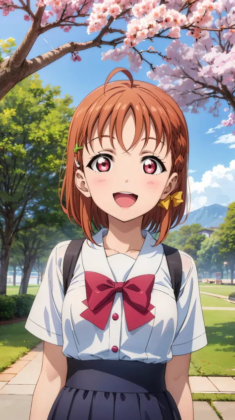 (((pixel-perfect, detail-perfect))), solo, 1girl, chika takami, uranohoshi , bowtie, looking at viewer, smile, :d sakura tree