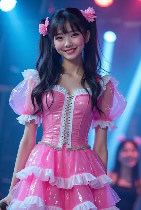 Create a highly detailed, realistic image of a young woman with long, dark hair styled with two small pink bows on either side. She is wearing a vibrant and transparent shinning glossy pink short dress that has a layered, frilly design with white ruffled e...
