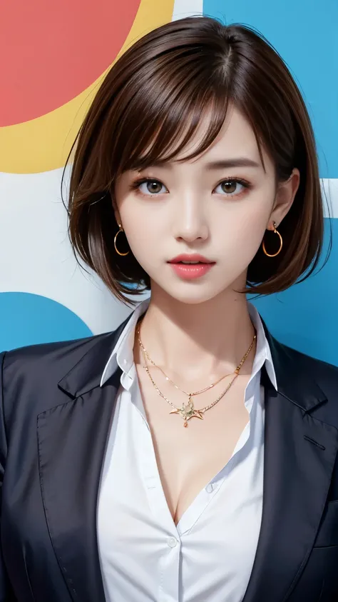 RAW Photos, High resolution, Very detailed, Intricate details, 、ear piercing、、short hair、   brown hair、、 DARK EYESHADOW 、 Office Lady Suits 、 jacket、 shirt、Necklace around the neck、, The background is the office
