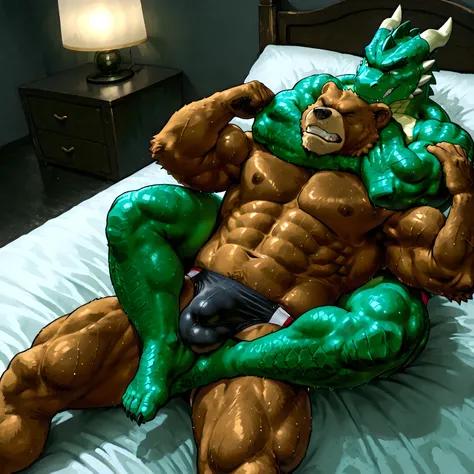 dragon and bear wrestling, 4k ultra quality, 4k, masterpiece quality, green dragon, black bear, on bed, sweaty, (very muscular, heavyweight body), male, two characters, bulging muscles, speedos, bulge, Sleeper hold, Choke hold, Strangulation, Leg lock, Sub...