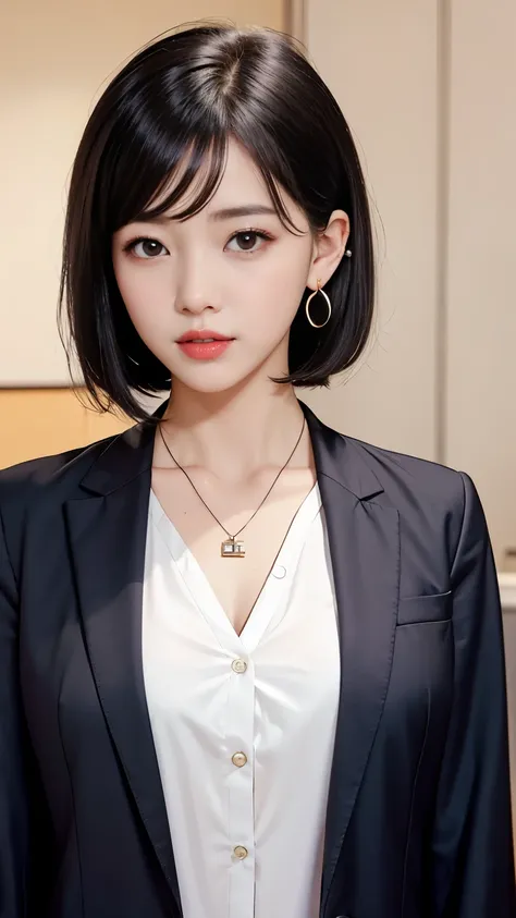 RAW Photos, High resolution, Very detailed, Intricate details, 、ear piercing、、short hair、    black hair、、 DARK EYESHADOW 、 Office Lady Suits 、 jacket、 shirt、Necklace around the neck、, The background is the office
