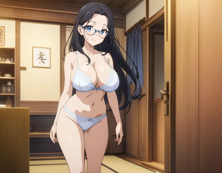 Wide shot,standing,full body,looking at the camera,1 girl,smile, Saggy Breasts,long hair, black hair,Forehead,Big Breasts,white bra,white panties, Blue Eyes ,blue-rimmed glasses,Ryokan room,finely detailed beautiful face,high quality, anime,beautiful,High ...