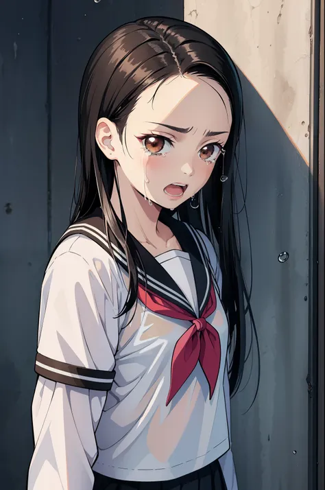 (masterpiece, best quality:1.2), nsfw, kimetsu no yaiba style, kiyomi, (1girl, solo), 18years old, (upper body, portrait), (front view, looking at viewer), (black long hair, straight hair), brown eyes, (crying tear drops, open mouth), (serafuku, sailor sui...