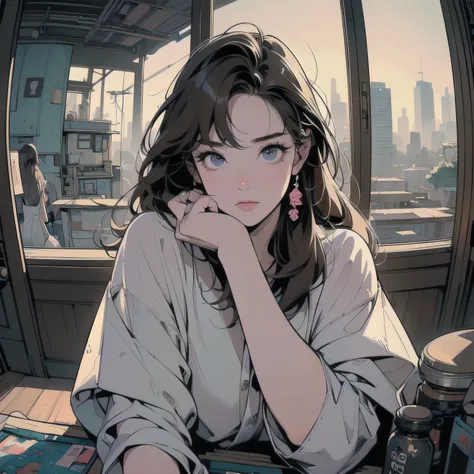 sitting on the sofa in the living room、 one woman, (((A perfect and very beautiful face)))、JAW SYNOSIS、 angry expression、(((東京のrooftopパティオ))), Futuristic Apartment, rooftop, Cyberpunk Setting, Dilapidated House. Lo-Fi portrait by the window, Cozy place, Po...