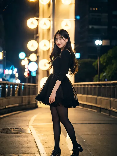 ulzzang -6500-v1.1, (Raw photo:1.2), (Photorealsitic), a beautiful detailed girl, (Real: 1.4), extremely detailed eye and face, ((PastelColors、Knitted dresses、Super realistic black tights))、((Night city:1.4)), selfee, Instagram、game_nffsw, huge filesize, h...