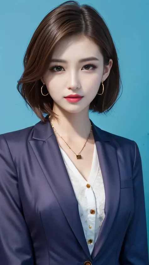 RAW Photos, High resolution, Very detailed, Intricate details, 、ear piercing、、short hair、   Hair、、 DARK EYESHADOW 、 Office Lady Suits 、 jacket、 shirt、Necklace around the neck、, The background is the office
