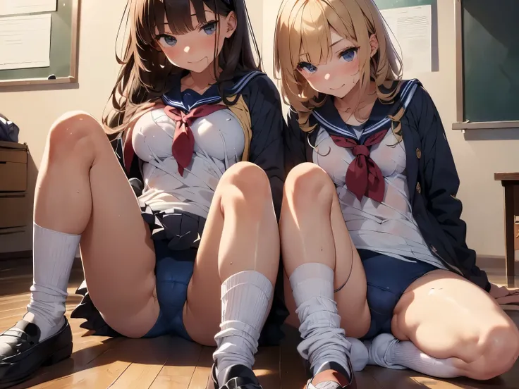 ((master piece)), ((best quality)),
((perfect anatomy)), ((perfect five finger)), ((perfect foot)),
(2 girls),
(Dimly lit abandoned room:1.2),
(piles of bras and women's underwear all over the floor:1.2)
(many pictures of high school girls in sailor unifor...