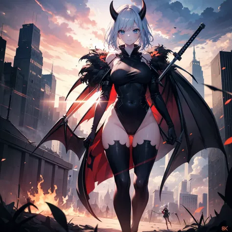 Masterpiece, best quality, ultra-detailed, anime style, Chaos Demon girl, like smoke and shadow given form, giant horn and giant wing, shadow sword and shadow claw, supernatural Lightning and flame, ((Eight-pointed star symbol)), 8k high resolution, trendi...