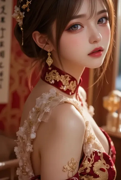 Cat ears、 face up, attractive, pretty girl, ponytail、few beautiful lady hair decorations, (( fine facial features , eroticism)), dramatic lighting , realistic , 8k, Dramatic Shadows , intricate and elaborate patterns , super detailed photo , chiaroscuro li...