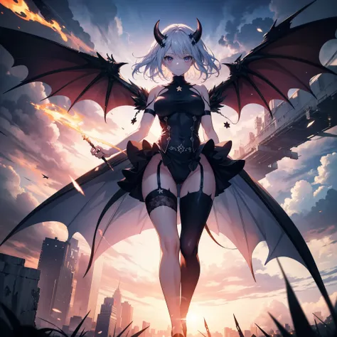 Masterpiece, best quality, ultra-detailed, anime style, Chaos Demon girl, like smoke and shadow given form, giant horn and giant wing, shadow sword and shadow claw, supernatural Lightning and flame, ((Eight-pointed star symbol)), 8k high resolution, trendi...