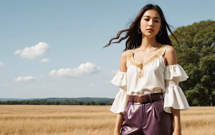 1600 px 643 px A young woman of Asian descent, positioned slightly off-center to the left of the frame, is featured in a fashion editorial. She is wearing a cream-colored, ruffled blouse with voluminous puffed sleeves. A patterned, dark-colored shawl/scarf...