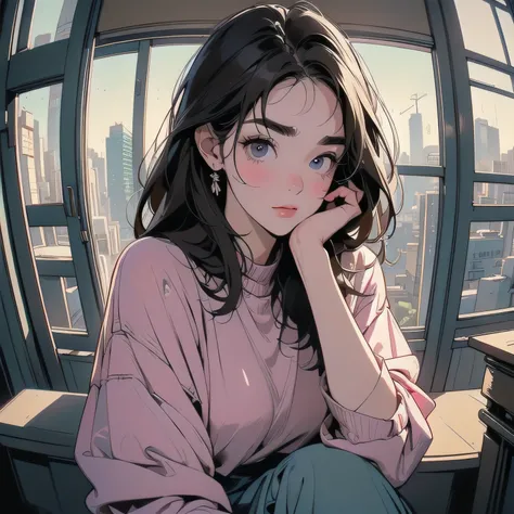 sitting on the sofa in the living room、 one woman, (((A perfect and very beautiful face)))、JAW SYNOSIS、((( very surprised look)))、(((Tokyo rooftop patio))), Futuristic Apartment, rooftop, cyberpunk setting, Dilapidated House. Lo-Fi portrait by the window, ...