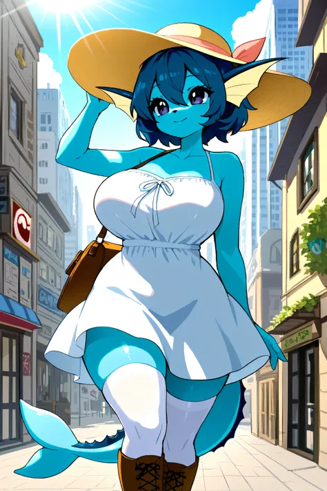  vaporeon, pokemon, bag, bare shoulders, blue hair, boots, brown bag, brown footwear, city, cross-laced footwear, curvy, day, dress, furry female, hair between eyes, holding sun hat, large breasts, short hair, shoulder bag, smile, solo, summer, sundress, s...