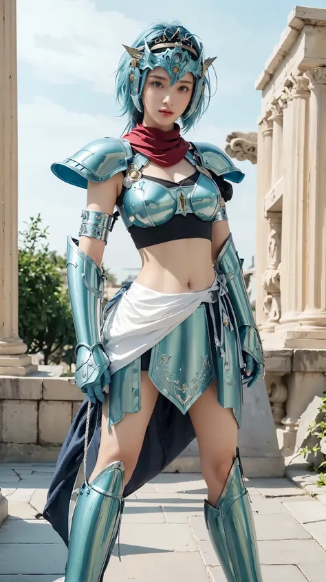 a close up of a woman in a costume with a harp, knights of zodiac girl, portrait knights of zodiac girl,  blue hair, blue eyes, big breasts, covered in full metal armor, anime character; full body art, greek god in mecha style, covered in full silver armor...