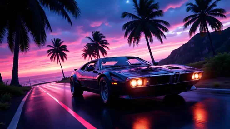 retrowave car driving by the road palms