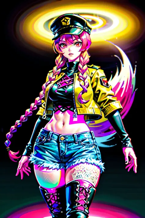 (best quality:2.0), (crisp:2.0), (highres:2.0), (((a rich yellow and pink gradient wolf tail:2.0))), anime, full body:2.0, (single image), (solo beautiful lady:2.0), (masterpiece:2.0), (detailed face:2.0), (detailed eyes:1.4), ((denim shorts:2.0)), ((thick...