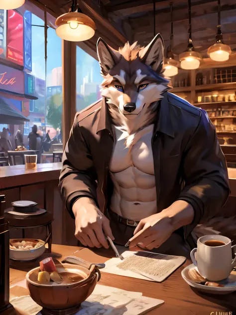 (posted on e621 by Chunie art style) furry, male, anthro, (wolf Tail), Solo, (Realistic eye details:1.2), (beautiful detailed eyes), anime - style image of a man topless, a laptop on the table, cafe shop background, sit down on chair, a cup of coffee on th...