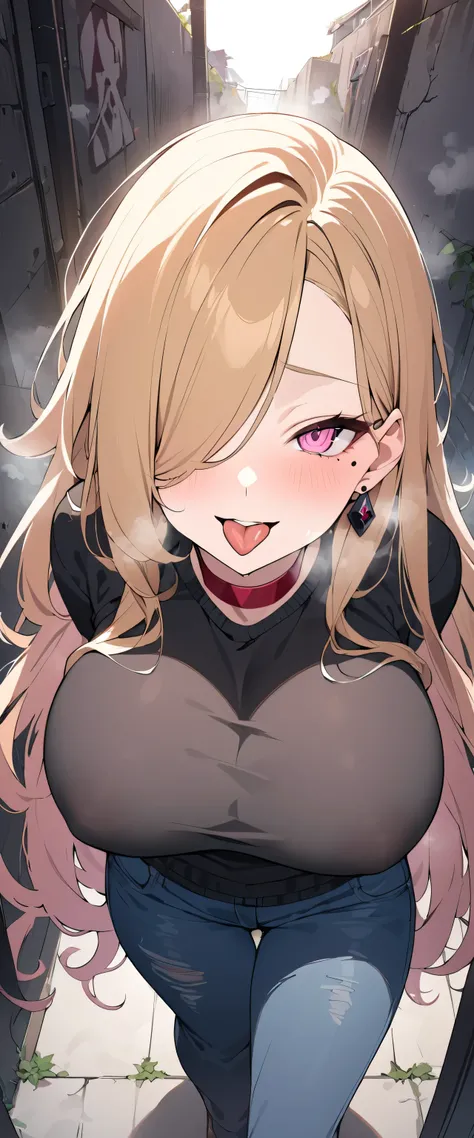 nsfw,4K,  masterpiece, Highest quality,, mature body, gal、 Big Breasts, golden hair, Long Hair、pink eyes, mole , Hair covering right eye,  small smile , steam しゃがむ、 open lip,   black sweater, jeans, villain, Red Choker,Obsidian Jewelry Earrings、  temptatio...