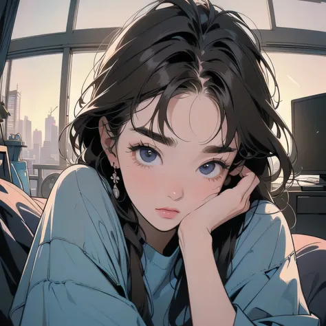 sitting on the sofa in the living room、 one woman, (((A perfect and very beautiful face)))、JAW SYNOSIS、((( very surprised look)))、(((Tokyo rooftop patio))), Futuristic Apartment, rooftop, cyberpunk setting, Dilapidated House. Lo-Fi portrait by the window, ...