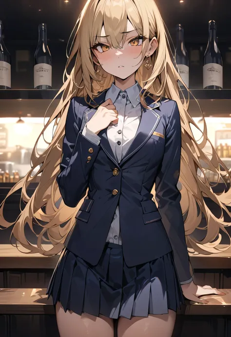 ((Greatest Masterpiece,Ultra High Quality:1.2)),(super resolution),(solo),cowboy shot,Night Cafe,Slender, small-breasted high school girl, beautiful face, long golden hair,perfect golden eyes, serious expression, high quality dark blue blazer ,white cutter...