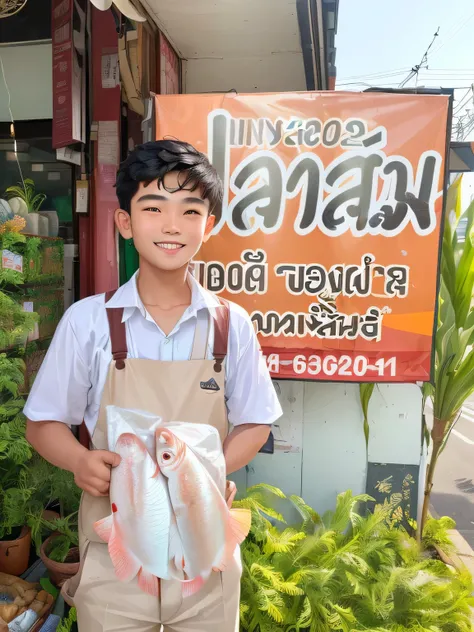 with a cute looking young boy with a sweet smile in a suit standing in front of a shop holding a bag of fish., Thawan Duchanee, in style of Thawan Duchanee, Nivana Chandra, 2021 Contest Winner, Clear background 