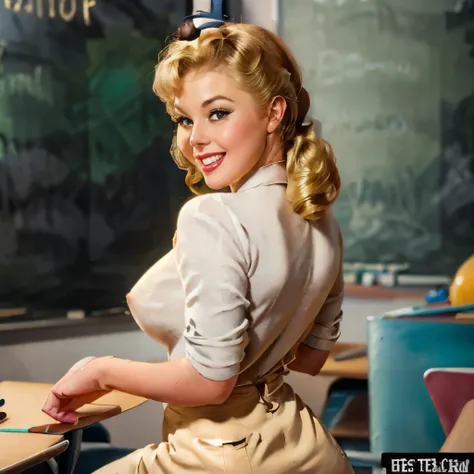 nsfw, photorealistic, beautiful face, (masterpiece:1.4), (best quality:1.4), extremely detailed, hyper-detailed, soft lighting, ((38 years old beautiful blonde 1950's pinup teacher woman in her late thirties standing in a classroom)), dressed only in a sem...