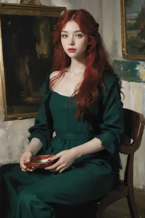 (oil painting:1.5),
\\
a woman with (red long curtly hair ), ((green eyes)) winter, peony, (amy sol:0.248), nude , with blue dress,  (stanley artgerm lau:0.106), (a detailed painting:0.353), (gothic art:0.106)