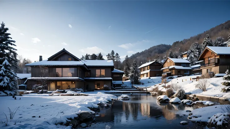 snowy scene of a house and a stream in a snowy country setting,  inspired by Higashiyama Kaii, winter setting,  Japanese countryside, 川瀬巴水に触発されて,  cold but beautiful,  Japanese countryside,  Japanese countryside,  Japan Countryside Trip , 川瀬巴水に触発されて, snow,...