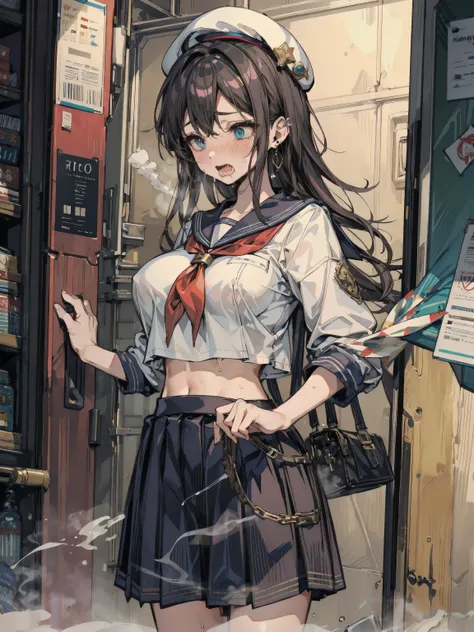 earring, large breasts, narrow waist, hair behind ear, cowboy shot, (black hair), beret, skirt, sailor school_uniform, midriff, school, eye rolling, drooling, with tongues, saliva, open mouth, blush, sweat, embarrassed, steaming body, heavy breathing, fema...