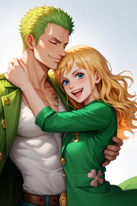 Girl with straight blond hair, blue eyes, ((without bangs)) The girl in the red sweater, hugs Roronoa Zoro from the anime one-piece, happy photo, a man in a green coat