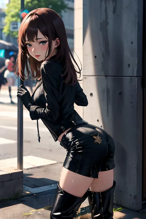 anime, best quality, high quality, highres, beautiful women, high detail, good lighting, lewd, hentai, (((bike shorts))), (((leather thigh high boots))), black leather gloves, bare thighs, bare arms, (((wetting herself))), (((peeing herself))), (((peeing s...