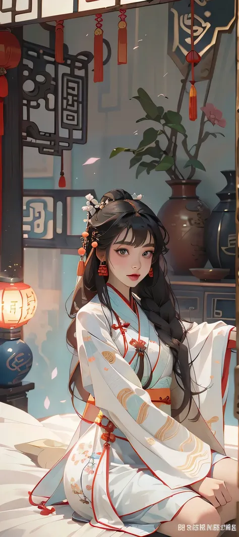 a close up of a woman sitting on a bed in a white dress, ulzzang, korean girl, white hime cut hairstyle, lalisa manobal, zmonzheng, long hair with full bangs, xintong chen, bae suzy, full body xianxia, gorgeous young korean woman, ruan cute vtuber, smooth ...