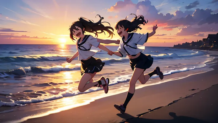 "Anime-style illustration of two high school girls laughing as they chase each other along a seaside walkway at sunset. The golden light of the setting sun casts a warm glow over the scene, reflecting off the calm ocean waves beside them. Their hair flows ...