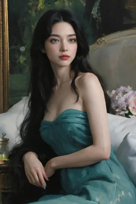 (oil painting:1.5),
\\
a woman with (long curtly hair ), ((green eyes)) winter, peony, (amy sol:0.248), nude , with blue dress,  (stanley artgerm lau:0.106), (a detailed painting:0.353), (gothic art:0.106)