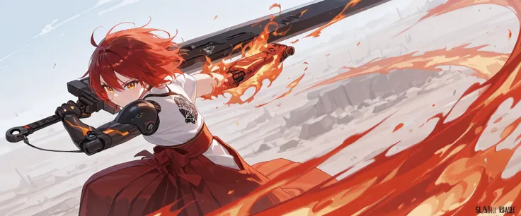 (best quality), high detailed, holding sword, (big weapon), (attack stance:1.1), action pose, oversized iron sword, Girl, mechanical arm, burning arm, Ruby blade, (Slash), serious, hakama, beautiful eyes, super fine eyes, (Close-up:1.1)