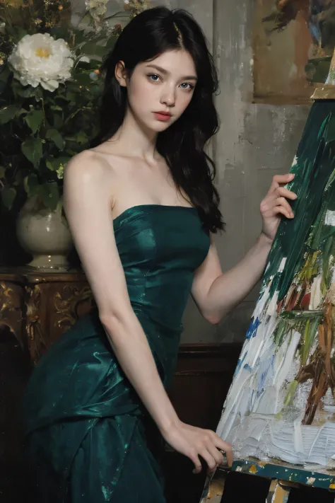 (oil painting:1.5),
\\
a woman with (long curtly hair ), ((green eyes)) winter, peony, (amy sol:0.248), nude , with blue dress,  (stanley artgerm lau:0.106), (a detailed painting:0.353), (gothic art:0.106)