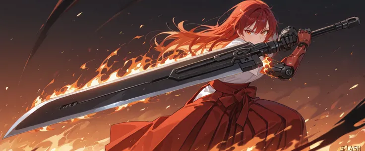 (best quality), high detailed, holding sword, (big weapon), (attack stance:1.1), action pose, oversized iron sword, Girl, mechanical arm, burning arm, Ruby blade, (Slash), serious, hakama, beautiful eyes, super fine eyes, (Close-up:1.1)