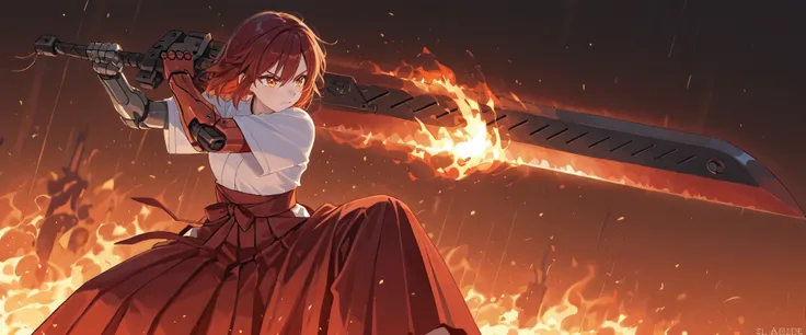 (best quality), high detailed, holding sword, (big weapon), (attack stance:1.1), action pose, oversized iron sword, Girl, mechanical arm, burning arm, Ruby blade, (Slash), serious, hakama, beautiful eyes, super fine eyes, (Close-up:1.1)