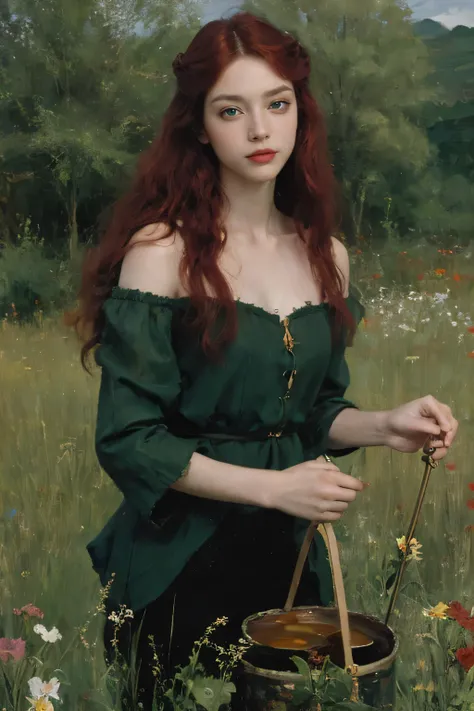 (oil painting:1.5),
\\
a woman with (red long curtly hair ), ((green eyes))  in a field with piones flowers, (amy sol:0.248), (stanley artgerm lau:0.106), (a detailed painting:0.353), (gothic art:0.106)