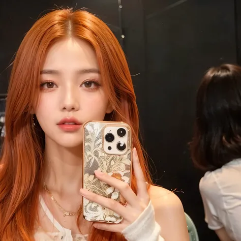 Araffe with red hair taking a selfie in a mirror, jossi do blackpink, she has long redorange hair, She has long orange-brown hair, Parque Roseanne do Blackpink, tzuyu twice, Lalisa Manobal, Retrato de Jossi de Blackpink, orange hair, Dom Yunjoo, Lalisa Man...