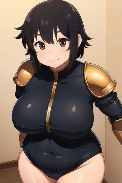 Chubby girl with big breasts black hair brown eyes happy short and messy leotard smiling armour