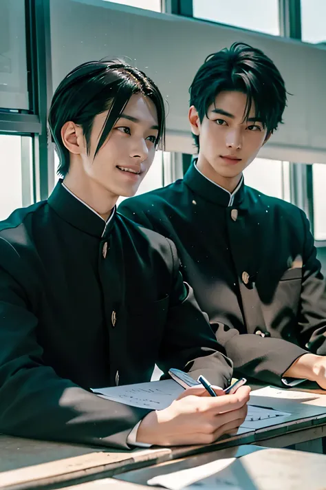 Two Japanese men　　handsome　 short dark hair  　Shaved head　Shaved head　adult　short cropped 　　smile　In the classroom　　outside the window is a snowy future city　 two men are black school runs　 two men are black school runs　Two people line up