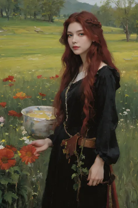 (oil painting:1.5),
\\
a woman with (red long curtly hair ), ((green eyes))  in a field with piones flowers, (amy sol:0.248), (stanley artgerm lau:0.106), (a detailed painting:0.353), (gothic art:0.106)