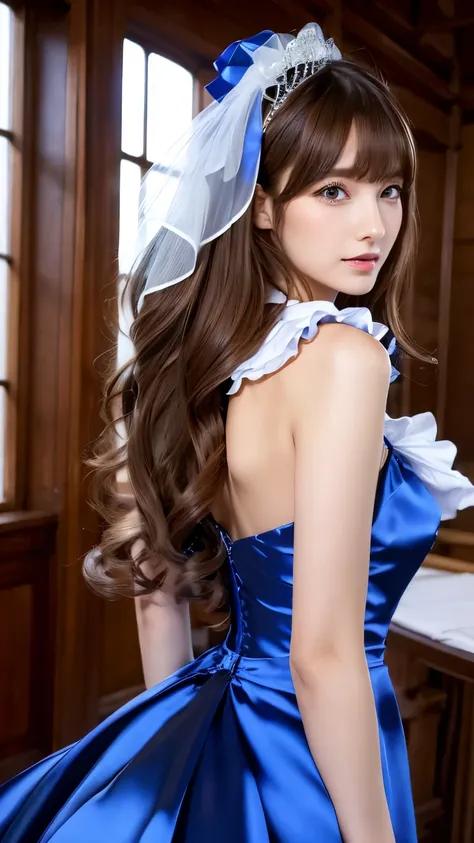 (((Top Quality))), (((Masterpiece))), (((Detail))), tall, looking at camera, face-to-face,  shiny royal blue silk satin ruffle girly empire length wedding dress, hands thrust forward, Japanese, brown hair, long hair, gorgeous room,. Gorgeous ribbon hair ac...