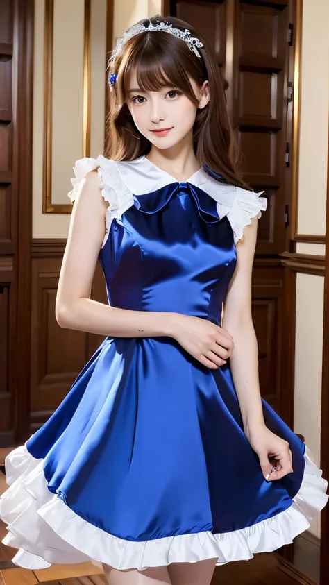 (((Top Quality))), (((Masterpiece))), (((Detail))), tall, looking at camera, face-to-face,  shiny royal blue silk satin ruffle girly empire length wedding dress, hands thrust forward, Japanese, brown hair, long hair, gorgeous room,. Gorgeous ribbon hair ac...