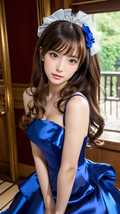 (((Top Quality))), (((Masterpiece))), (((Detail))), tall, looking at camera, face-to-face,  shiny royal blue silk satin ruffle girly empire length wedding dress, hands thrust forward, Japanese, brown hair, long hair, gorgeous room,. Gorgeous ribbon hair ac...