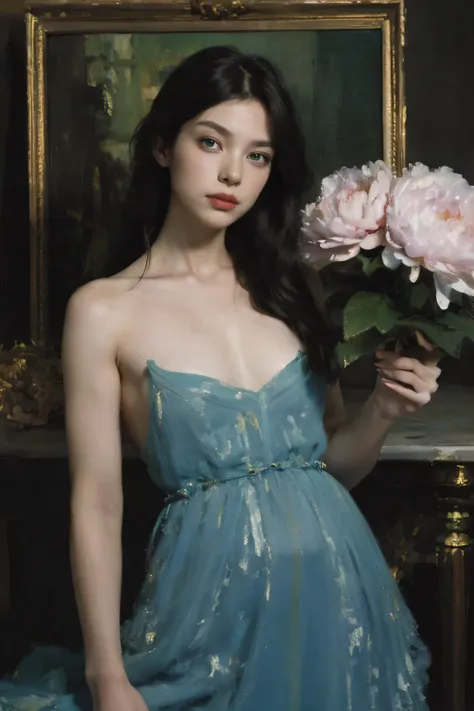 (oil painting:1.5),
\\
a woman with (long curtly hair ), ((green eyes)) winter, peony, (amy sol:0.248), nude , with blue dress,  (stanley artgerm lau:0.106), (a detailed painting:0.353), (gothic art:0.106)