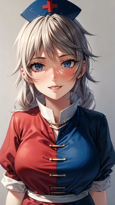 (Ultra High Quality,Ultra High Definition,16k,super masterpiece,Ultra HD , detailed shading and background,) one woman,Long silver hair, braids, Chest Valley,smile, nurse cap ,blush,Old medical room,