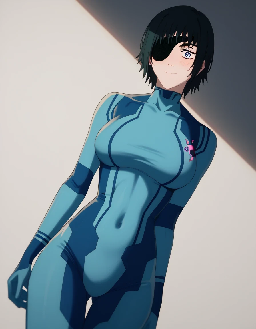 score 9 、score 8 up、score 7 up、source anime、masterpiece、Highest quality、High Resolution、high image quality、1woman、、hymen、hymen (chainsaw man)、Alone、 black hair、 blue eyes、Short Hair、eyepatch、Big Breasts、very large breasts、、Samus Aran cosplay、Samus Aran \(c...