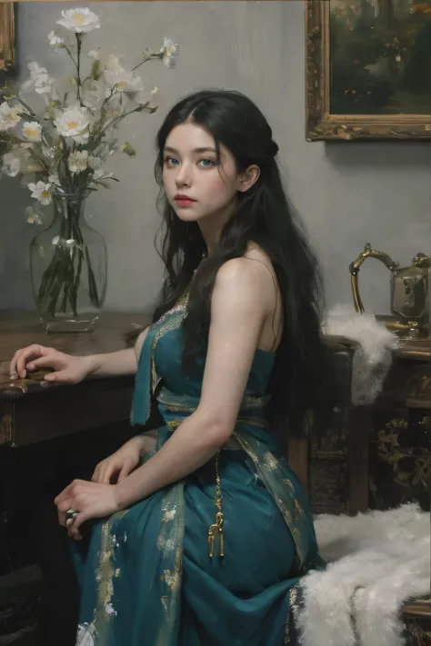 (oil painting:1.5),
\\
a woman with (long curtly hair ), ((green eyes)) winter, peony, (amy sol:0.248), nude , with blue dress,  (stanley artgerm lau:0.106), (a detailed painting:0.353), (gothic art:0.106)